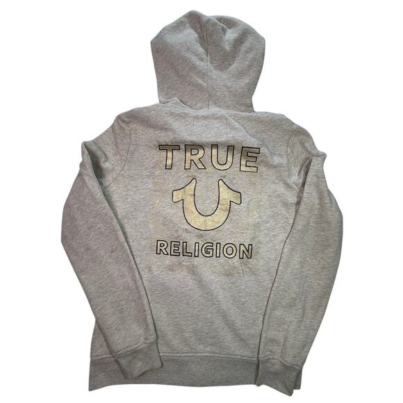 True Religion Gold Logo Full Zip Hoodie Sweatshirt Light Heather Oatmeal Size M - Picture 2 of 15